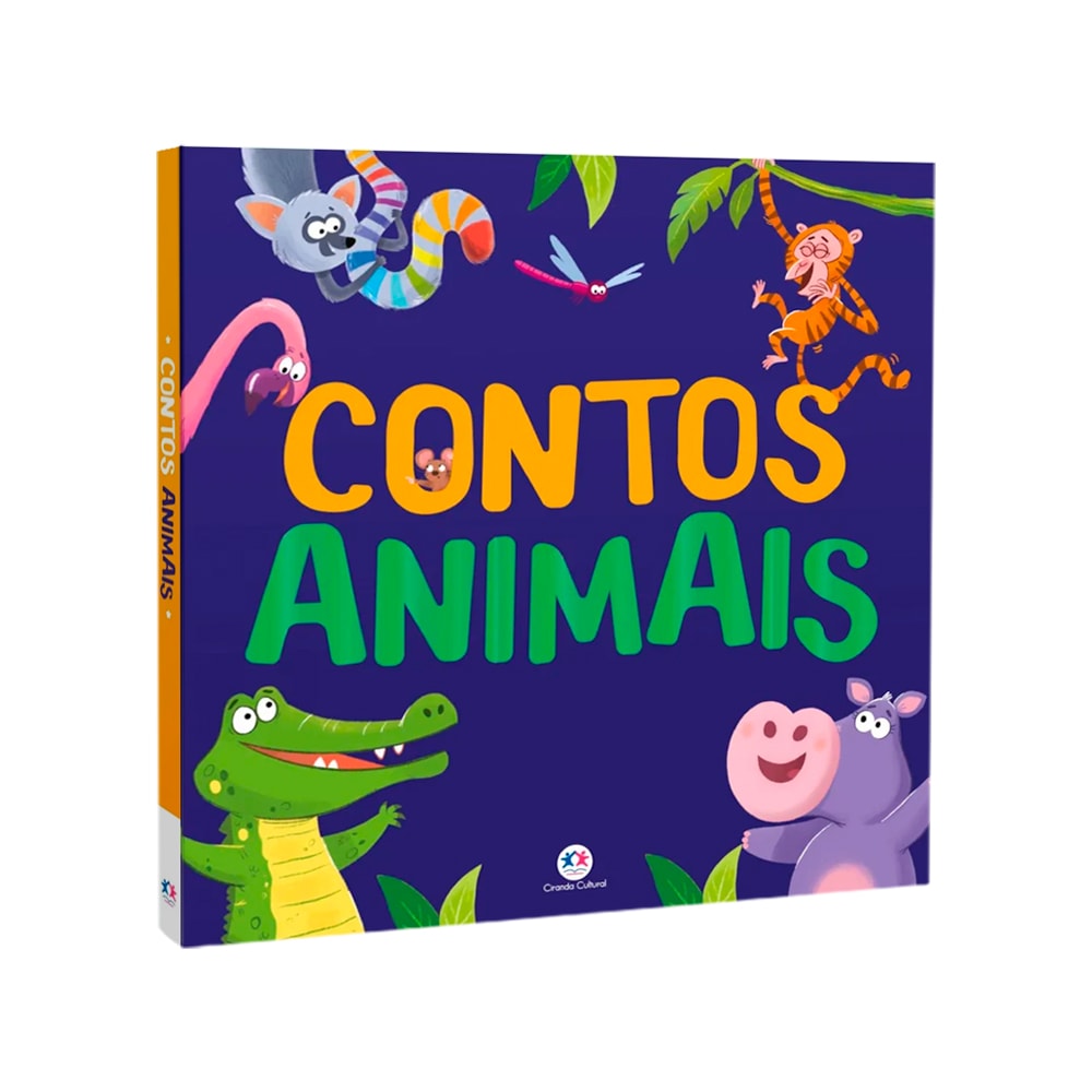 Livro infantil Contos Animais de Hannah Campling, capa azul com diversos animais coloridos. — Plenitude