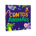 Livro infantil Contos Animais de Hannah Campling, capa azul com diversos animais coloridos. — Plenitude