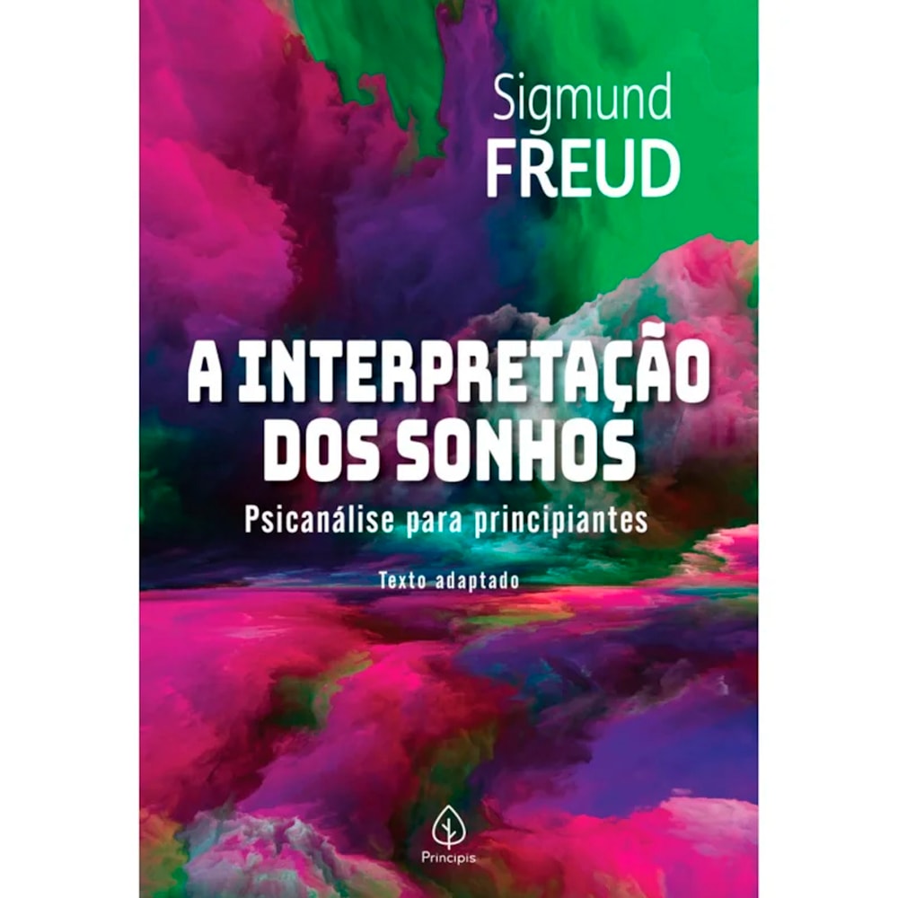 Livro A Interpretação dos Sonhos de Sigmund Freud, capa com fundo abstrato em tons de rosa, roxo e verde. — Plenitude