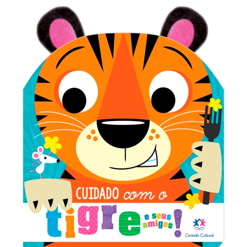 Livro infantil Cuidado Com o Tigre e Seus Amigos, com orelhas de pelúcia, capa azul com tigre. — Plenitude