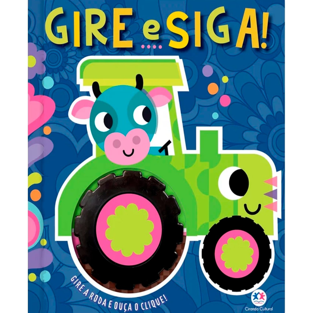 Livro infantil Gire e Siga, capa azul com trator verde e vaca. — Plenitude