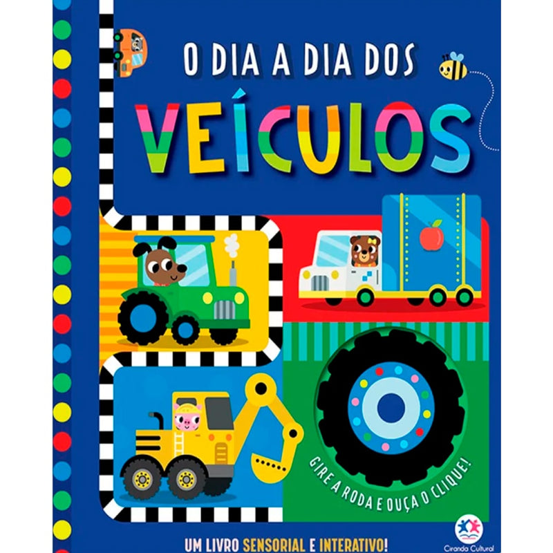 Livro infantil O Dia a Dia dos Veículos, capa azul com veículos e roda giratória. — Plenitude