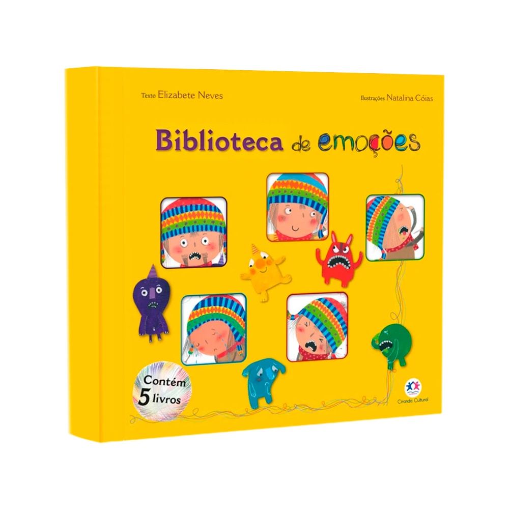 Box de livros Biblioteca de Emoções, de Elizabete Neves. Caixa amarela com ilustrações de personagens expressando emoções. — Plenitude