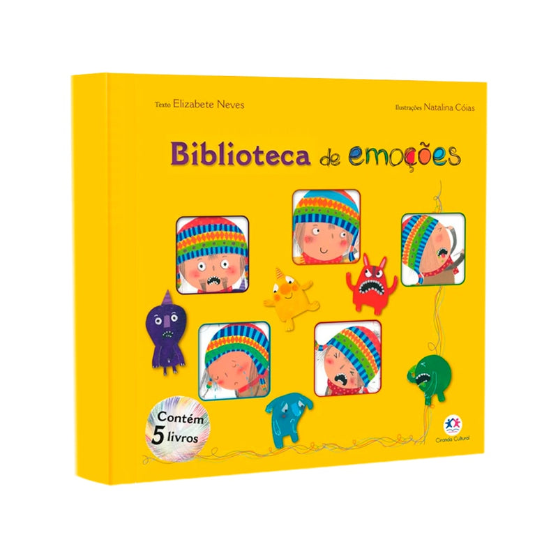 Box de livros Biblioteca de Emoções, de Elizabete Neves. Caixa amarela com ilustrações de personagens expressando emoções. — Plenitude