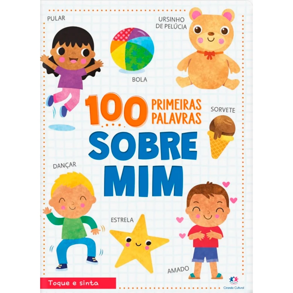 Livro infantil "100 Primeiras Palavras Sobre Mim", capa branca com ilustrações coloridas de crianças e objetos. — Plenitude