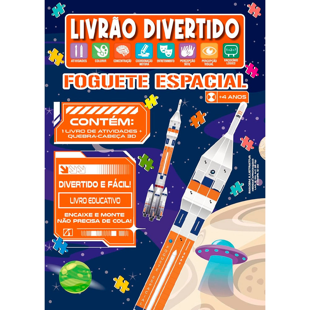 Livrão Divertido Quebra-Cabeça 3D Foguete Espacial, capa azul com foguete e peças de quebra-cabeça. — Plenitude