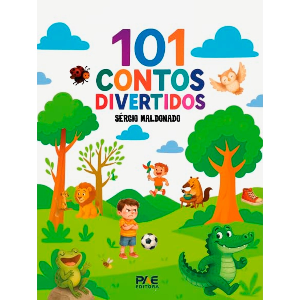 Livro 101 Contos Divertidos, de Sérgio Maldonado, capa ilustrada com animais e crianças. — Plenitude