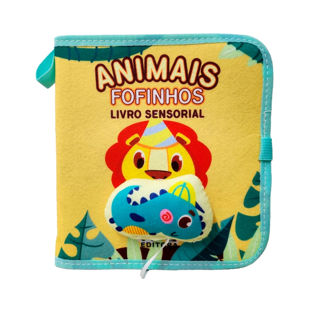 Livro Sensorial Animais Fofinhos, capa amarela com leão e jacaré de pelúcia. — Plenitude