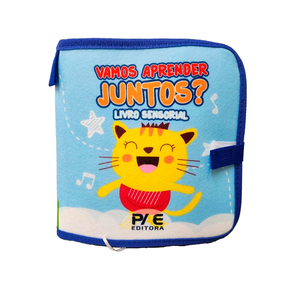 Livro sensorial "Vamos Aprender Juntos?", capa de tecido azul com gato sorridente. — Plenitude
