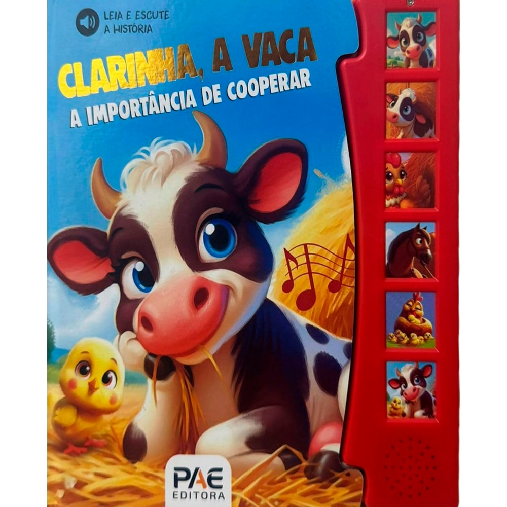 Livro Sonoro Clarinha a Vaca, PAE Editora, capa azul com vaca e pintinho, botões laterais vermelhos. — Plenitude