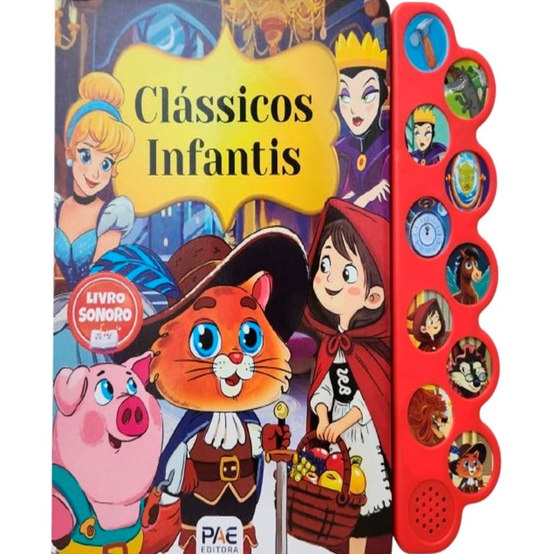 Livro Sonoro Clássicos Infantis Para Ler e Ouvir, PAE Editora, capa colorida com personagens de contos, botões laterais vermelhos. — Plenitude