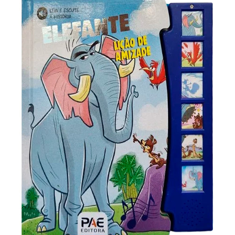 Livro sonoro "Elefante Uma Lição de Amizade", capa com elefante e macaco, lateral azul com botões. — Plenitude