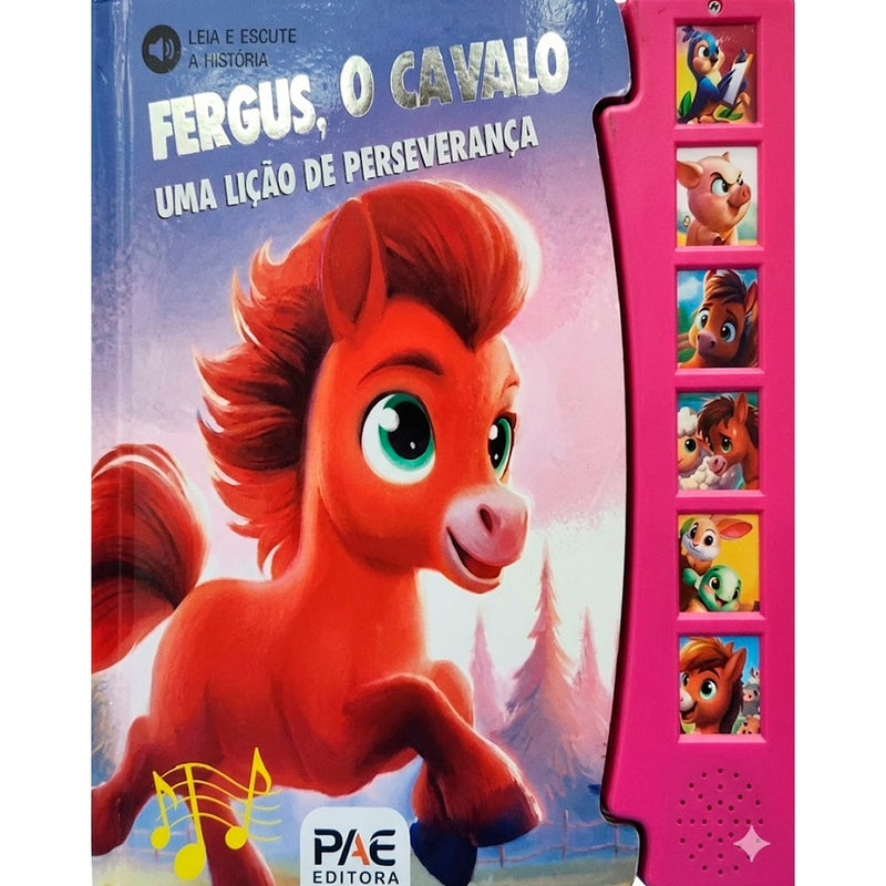 Livro Sonoro Fergus o Cavalo, PAE Editora, capa azul com cavalo vermelho, botões laterais rosa. — Plenitude