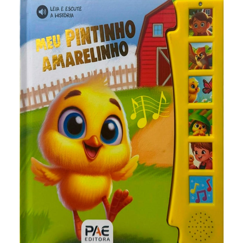 Livro Sonoro Meu Pintinho Amarelinho, PAE Editora, capa azul com pintinho amarelo, botões laterais amarelos. — Plenitude