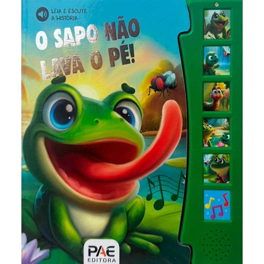 Livro Sonoro O Sapo Não Lava o Pé, PAE Editora, capa azul com sapo verde de língua para fora, botões laterais verdes. — Plenitude