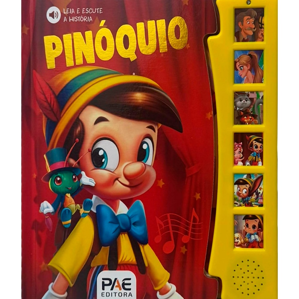 Livro Sonoro Pinóquio, PAE Editora, capa vermelha com Pinóquio e Grilo Falante, botões laterais amarelos. — Plenitude