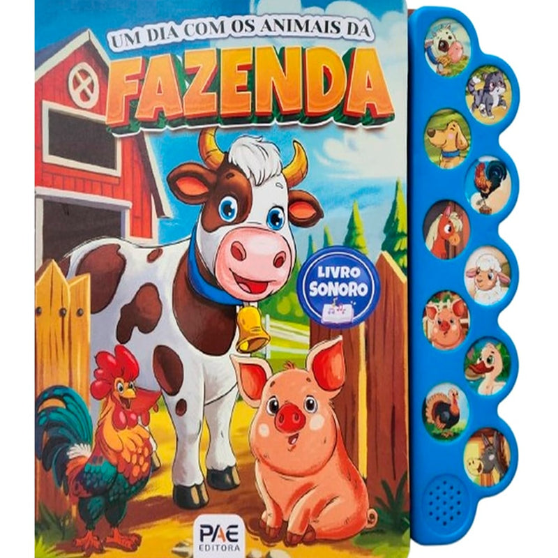 Livro Sonoro Um Dia Com os Animais da Fazenda, PAE Editora, capa colorida com vaca e porco, botões laterais azuis. — Plenitude