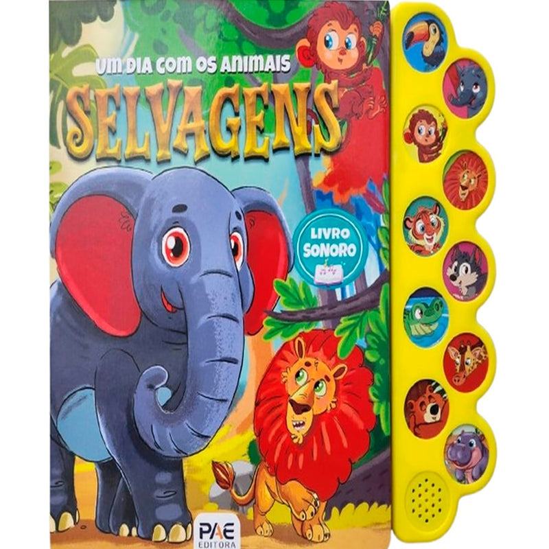 Livro Sonoro Um Dia Com os Animais Selvagens, PAE Editora, capa verde com elefante e leão, botões laterais amarelos. — Plenitude