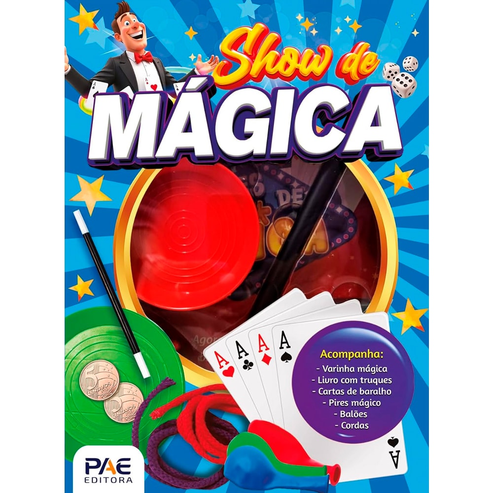 Livro Show de Mágica, capa azul com mágico e coelho, inclui varinha, cartas e balões — Plenitude