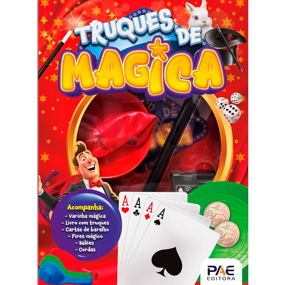 Livro Show de Mágica, capa vermelha com coelho e mágico, inclui varinha, cartas e balões — Plenitude