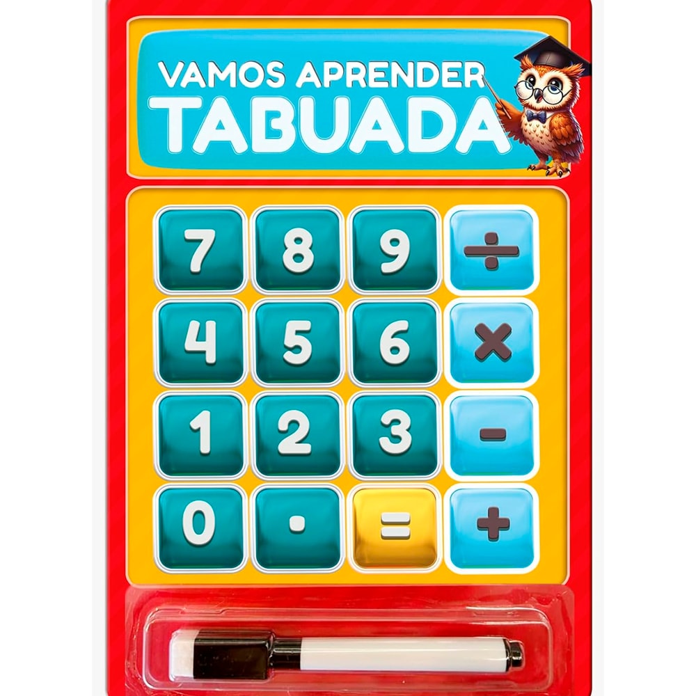 Livro Vamos Aprender Tabuada Com Canetinha, capa vermelha com calculadora colorida e caneta. — Plenitude