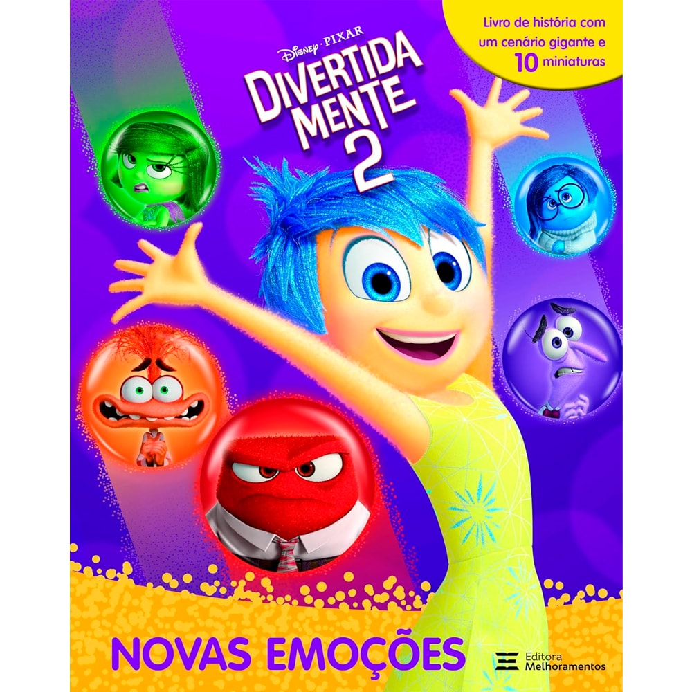 Livro Divertida Mente 2 Novas Emoções, Disney Pixar, capa colorida com Alegria e outras emoções. — Plenitude
