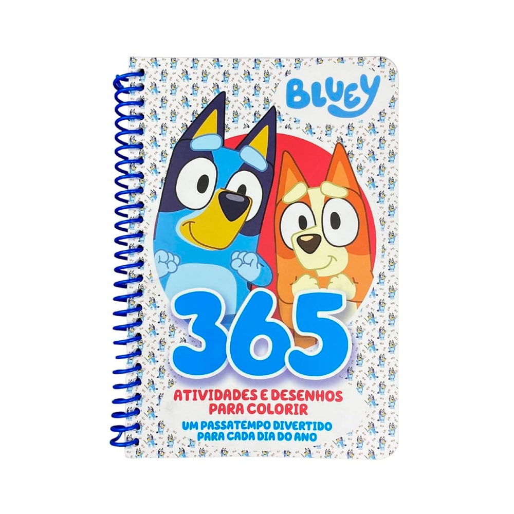 Caderno de atividades Bluey 365 Atividades e Desenhos para Colorir, capa com Bluey e Bingo. — Plenitude