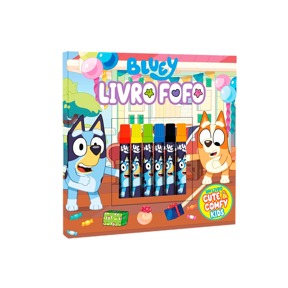 Livro Fofo Bluey Cute & Comfy Kids, capa azul com Bluey, Bingo e canetas coloridas. — Plenitude