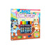 Livro Fofo Bluey Cute & Comfy Kids, capa azul com Bluey, Bingo e canetas coloridas. — Plenitude