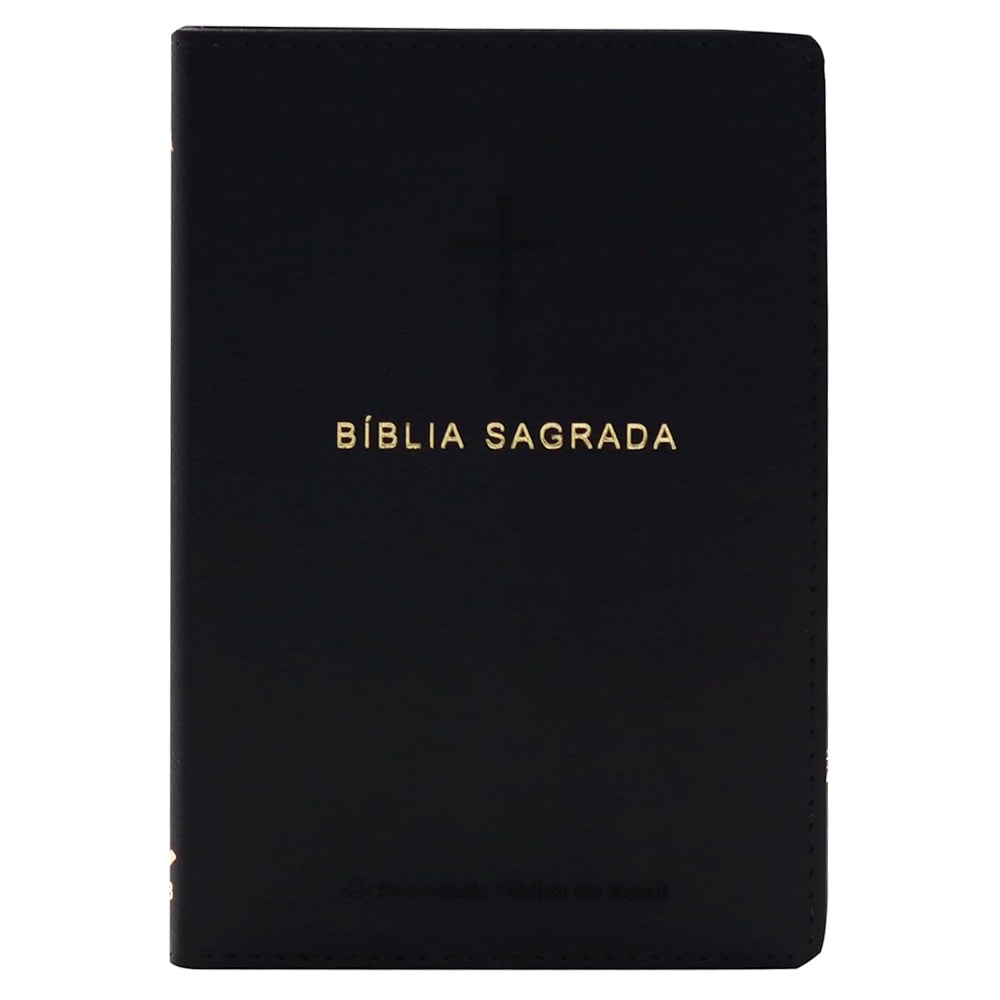 Bíblia Sagrada NAA, capa luxo preta em couro, com cruz em relevo e letras douradas. — Plenitude