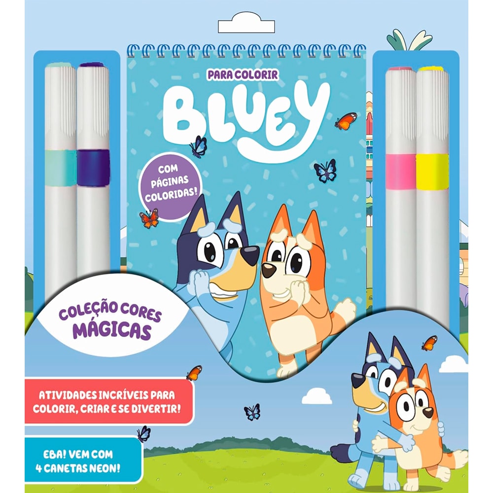 Livro de colorir Bluey Coleção Cores Mágicas, com canetas neon e páginas coloridas. — Plenitude
