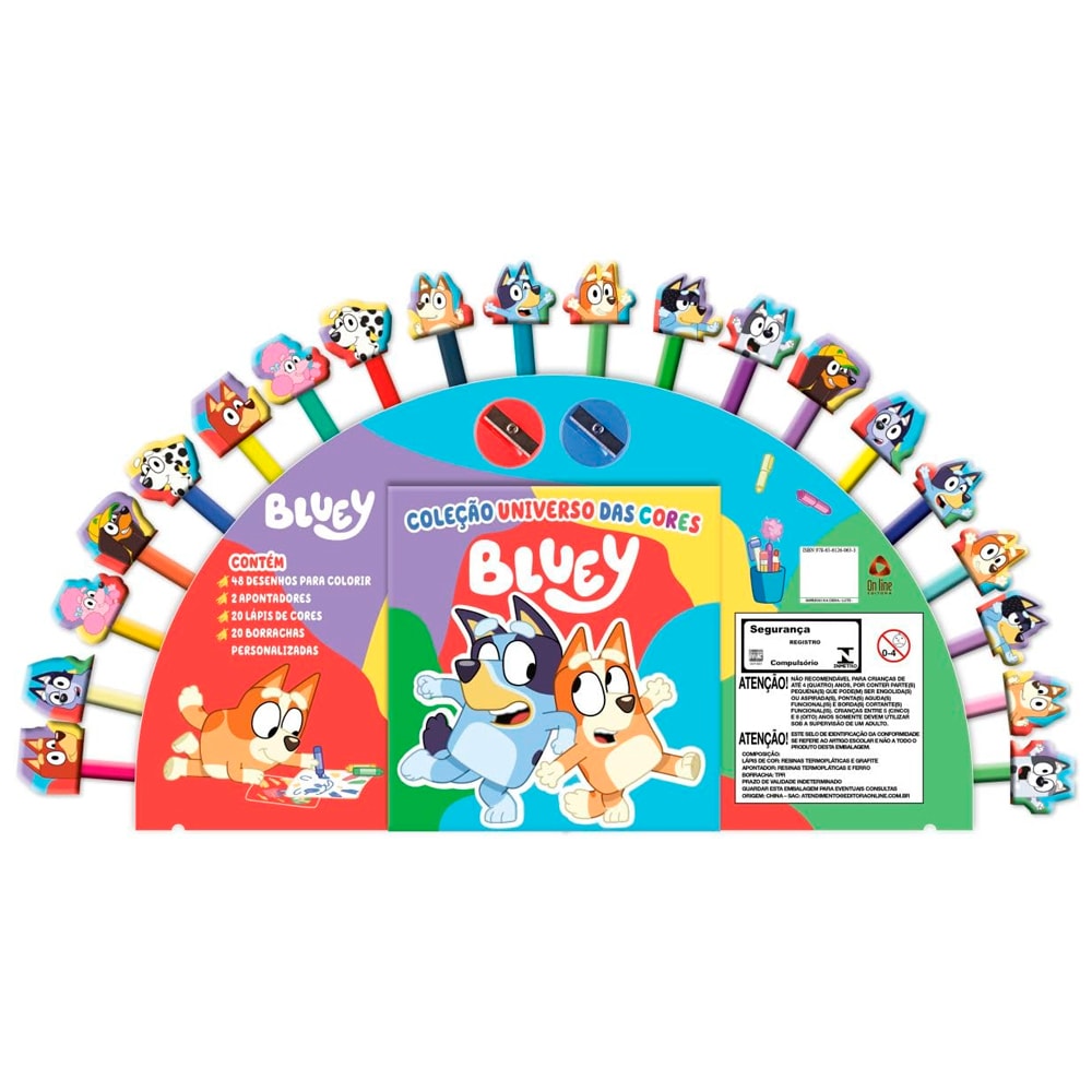 Kit de colorir Bluey Coleção Universo das Cores, com lápis de cor e borrachas personalizadas. — Plenitude