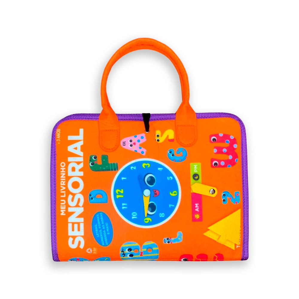 Livrinho Sensorial Maleta Educativa ABC, laranja e roxo com relógio e letras coloridas. — Plenitude