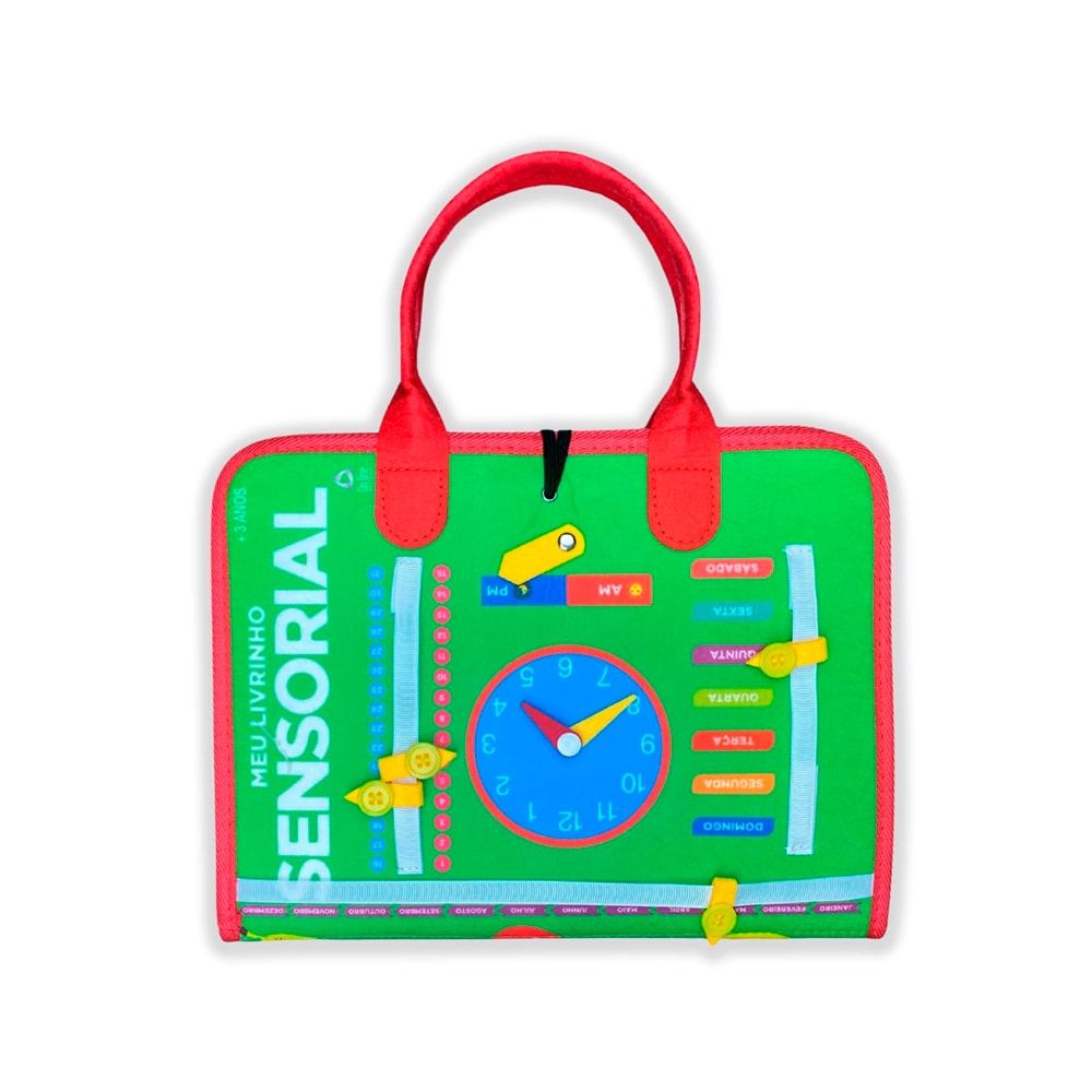 Livrinho Sensorial Maleta Educativa Horas, verde e vermelho com relógio e dias da semana. — Plenitude