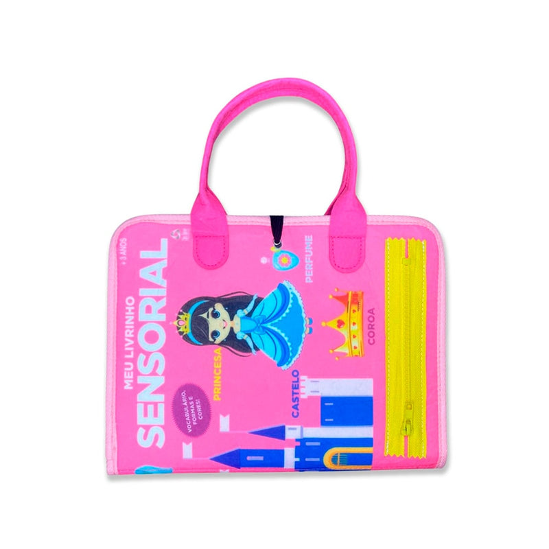 Livrinho Sensorial Maleta Educativa Princesas, rosa com princesa, castelo e zíper amarelo. — Plenitude