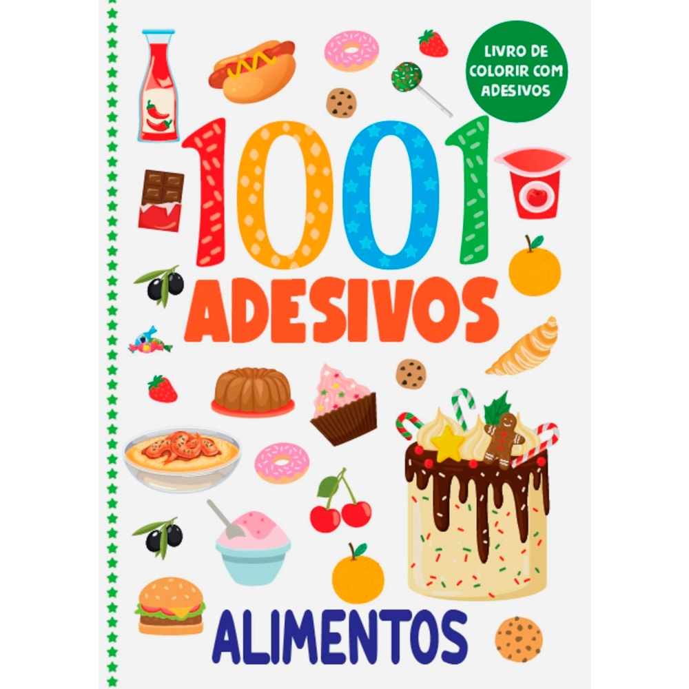 Livro de Colorir 1001 Adesivos Alimentos, capa branca com ilustrações de comidas coloridas. — Plenitude