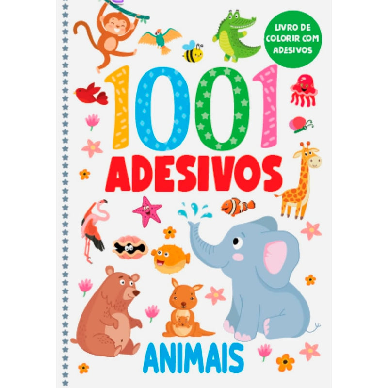 Livro de Colorir 1001 Adesivos Animais, capa branca com ilustrações de animais coloridos. — Plenitude
