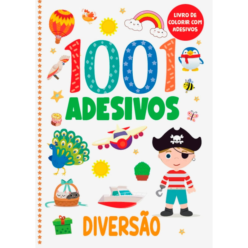Livro de Colorir 1001 Adesivos Diversão, capa branca com ilustrações de pirata, balão e animais. — Plenitude