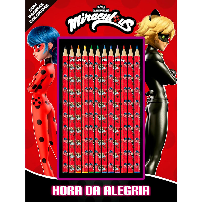Miraculous Ladybug Hora da Alegria, livro com lápis de cor coloridos e personagens. — Plenitude