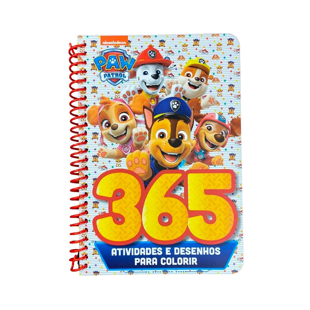 Livro Patrulha Canina 365 Atividades e Desenhos para Colorir, capa com personagens e espiral vermelha. — Plenitude