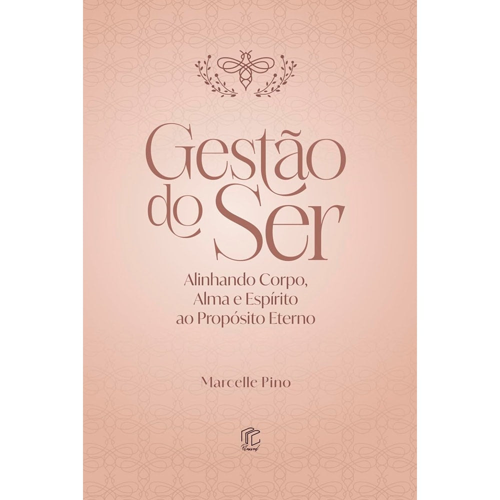 Livro Gestão do Ser, capa rosa claro com um padrão floral e um símbolo de abelha. — Plenitude