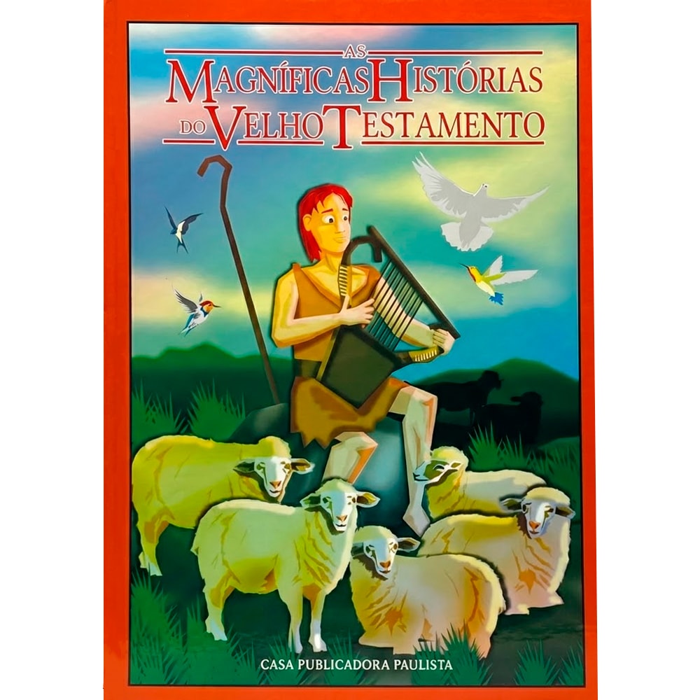 Livro infantil "As Magníficas Histórias do Velho e Novo Testamento", capa dura colorida com Davi tocando harpa. — Plenitude