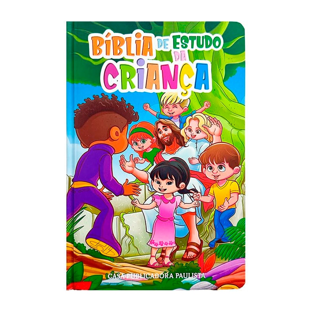 Bíblia de Estudo da Criança NVA, capa dura colorida com Jesus e crianças, para leitores infantis. — Plenitude