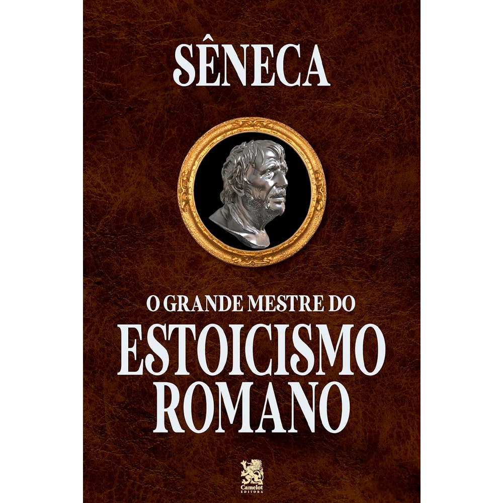 Livro "O Grande Mestre do Estoicismo Romano" de Sêneca, capa marrom com busto em moldura dourada. — Plenitude