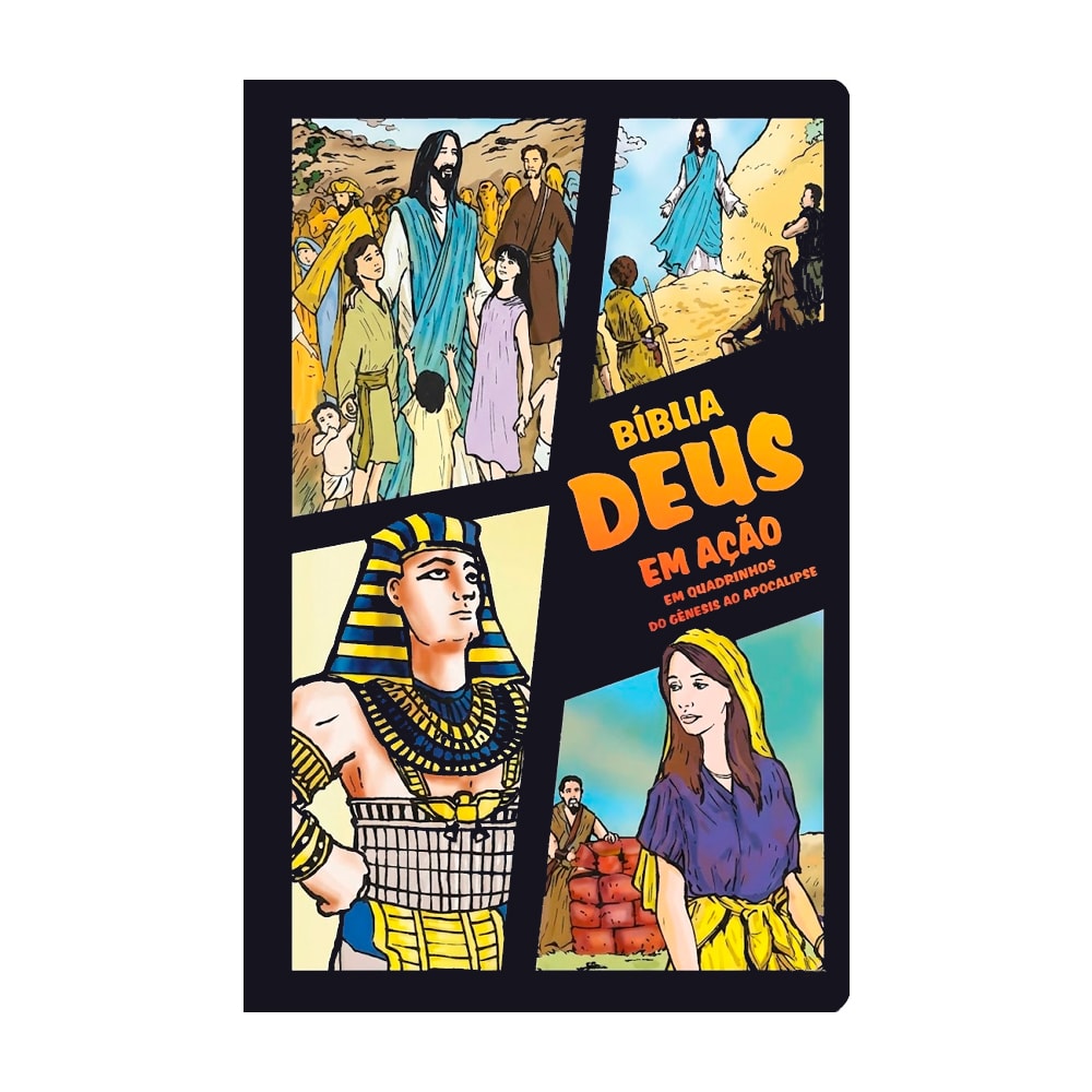 Bíblia Deus em Ação Em Quadrinhos, Faraó, capa dura preta com ilustrações de cenas bíblicas. — Plenitude