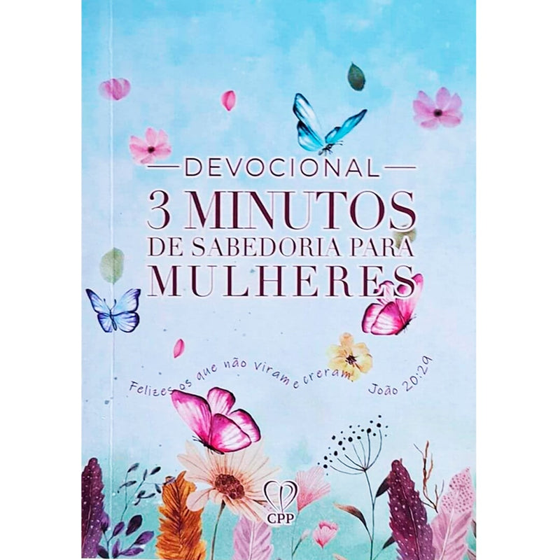 Devocional 3 Minutos de Sabedoria P/ Mulheres, Jardim Secreto, capa azul com borboletas e flores. — Plenitude