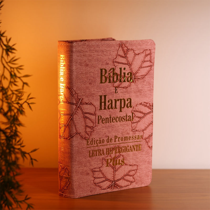 Bíblia e Harpa | ARC | Letra Hipergigante Plus | Edição de Promessas | Capa Folhas Rosa | Com Índice