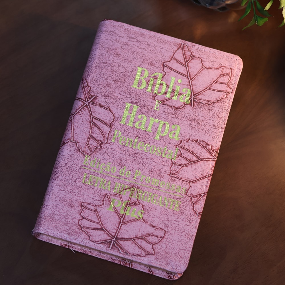Bíblia e Harpa | ARC | Letra Hipergigante Plus | Edição de Promessas | Capa Folhas Rosa | Com Índice