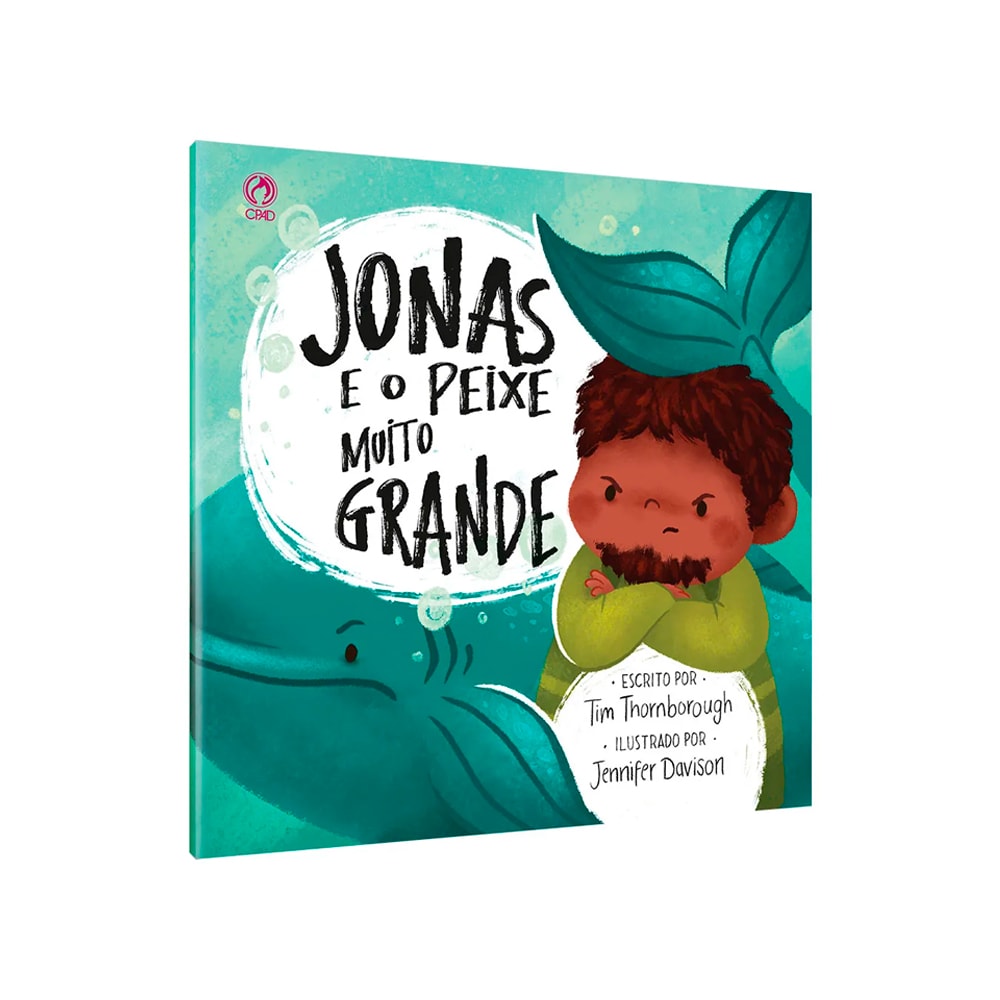 Livro infantil Jonas e o Peixe Muito Grande, capa azul com ilustração de menino e baleia. — Plenitude