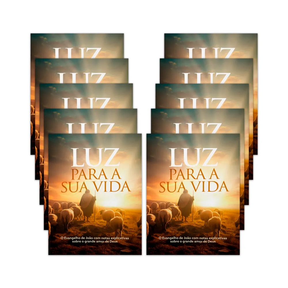 Kit com 10 livros Luz Para Sua Vida. Capa com imagem de ovelhas e um pastor ao pôr do sol. — Plenitude